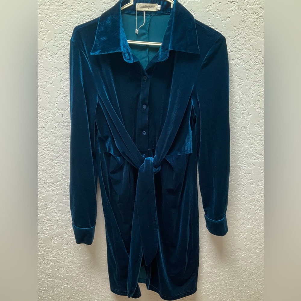 NWOT Leadingstar Dark Teal Velvet Elegant V Neck Bodycon Mini Cocktail Dress